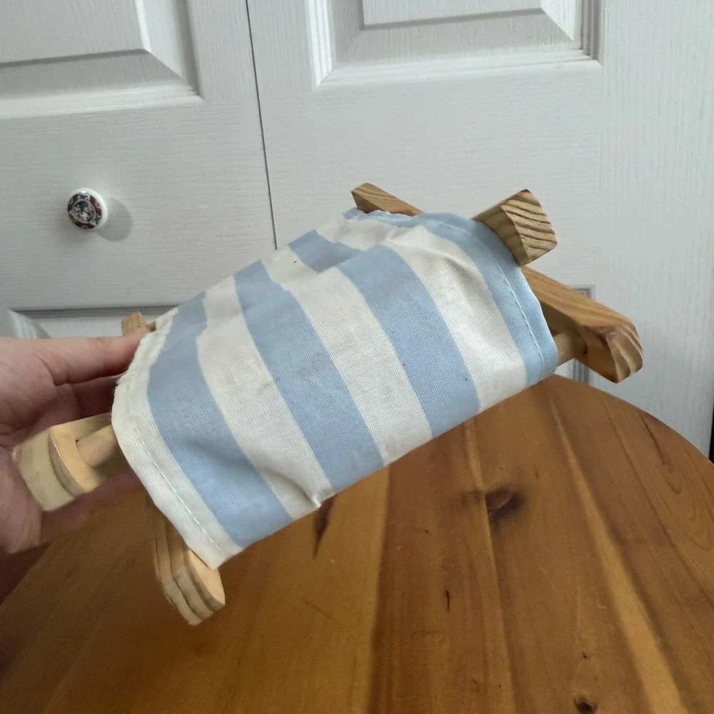 Vintage Doll Wood Blue White Stripe Fabric Foldable Laundry Hamper Multipurpose